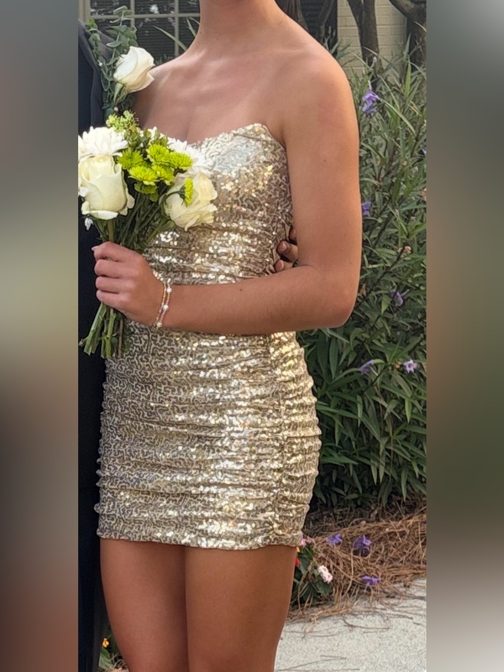Strapless Gold Sequin homecoming dress